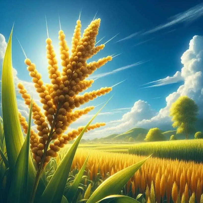 Alt text: "Golden millet plant in fields with blue sky overhead, representing Comprehensive Millet Information.