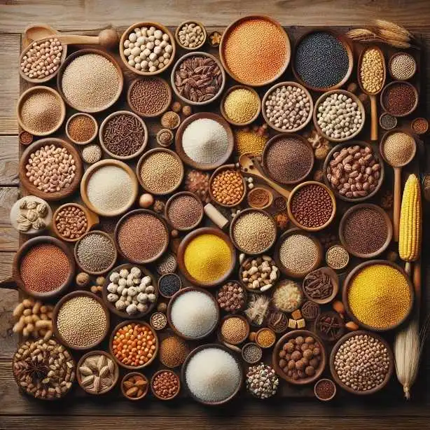 Different Types of millets on a wooden table