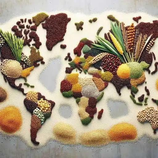 A world map with arrows indicating the spread of millets from Africa and Asia to various continents. Arrows are labeled with dates and key milestones in Types of Millets' global journey.