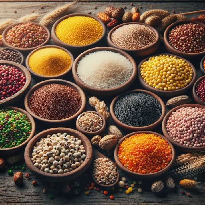 Assorted millets, including pearl, finger, and foxtail, displayed on a wooden surface, emphasizing their diverse colors and textures.