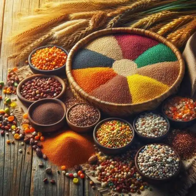 A vibrant display of various millets in a traditional woven basket and on a rustic wooden table, highlighting the grains’ colorful diversity and nutritional value.