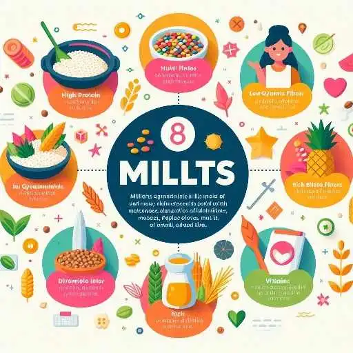 A colorful infographic displaying the nutritional benefits of millets, featuring icons representing vitamins, minerals, and fiber. Text highlights key nutrients such as iron, zinc, B vitamins, and fiber, emphasizing Types of Millets' health benefits.