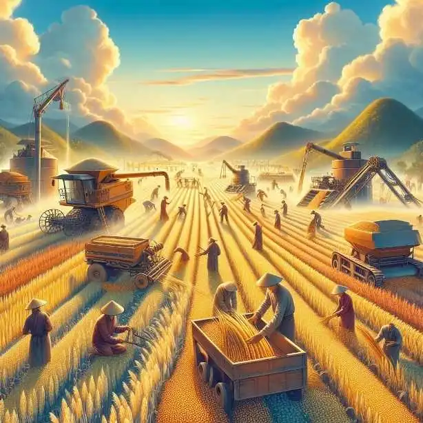 Millet Cultivation: Farmers tending to millet fields, using traditional tools and modern machinery. A vibrant depiction of resilience and sustainability in millet farming techniques