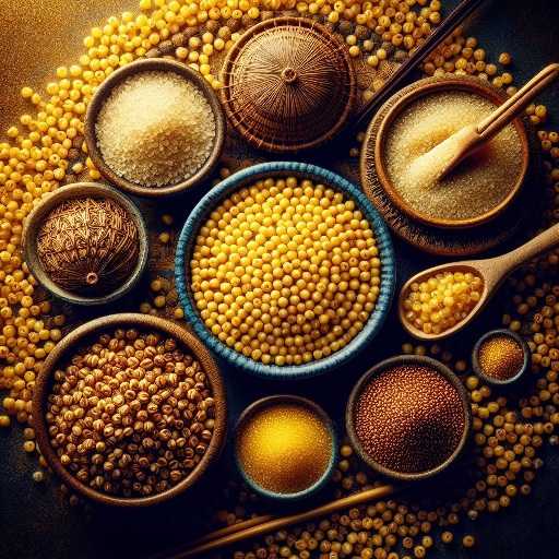 A bowl of cooked millet grains surrounded by various millet-based dishes on a rustic wooden table, representing Comprehensive Millet Information.