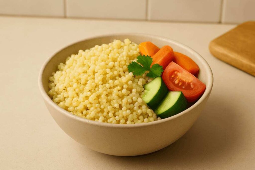 Cooked millet grains served with vegetables as part of a simple and nutritious meal