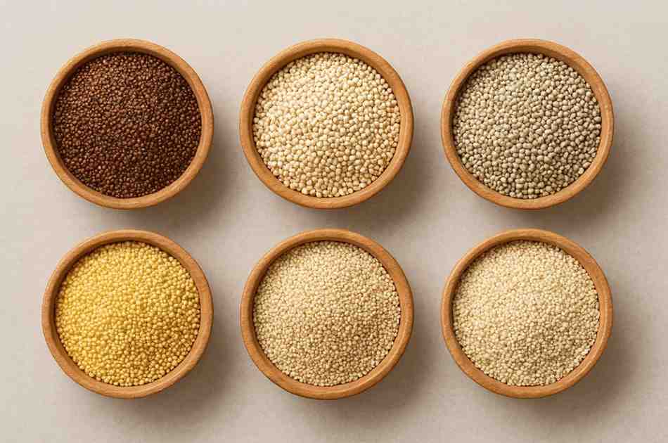 Assorted whole millets including ragi, jowar, bajra, foxtail millet, little millet, and barnyard millet displayed in wooden bowls