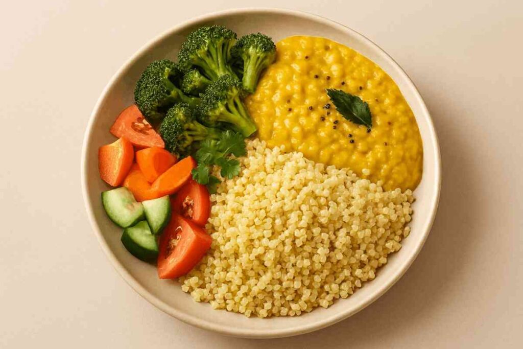 Balanced Indian meal prepared with millets, vegetables, and dal supporting heart-friendly nutrition