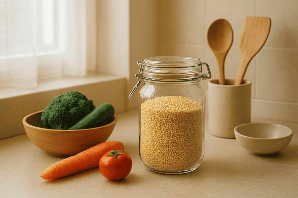 Millets stored in a glass jar on a kitchen counter representing healthy and balanced everyday eating habits