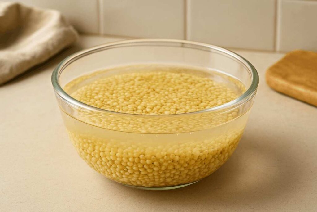 Millets soaking in water in a glass bowl as part of traditional preparation for better digestion
