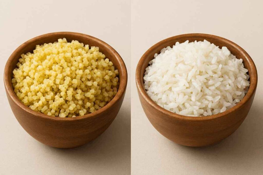 Cooked millet compared with white rice in separate bowls showing whole grain versus refined grain