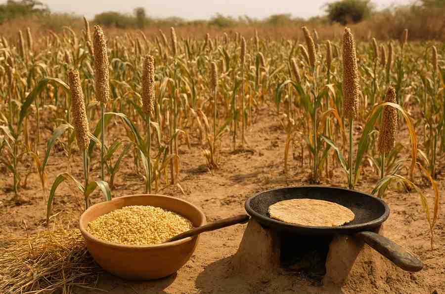 Millet crops growing in dry farmland demonstrating climate-resilient and sustainable agriculture