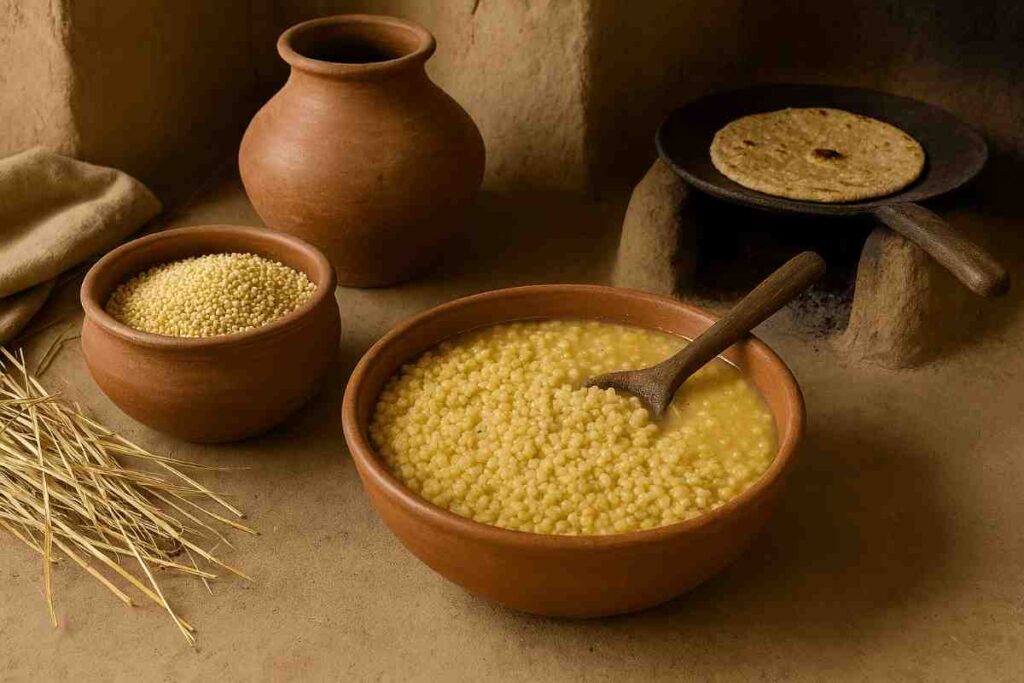Traditional Indian kitchen scene showing millet-based food preparation using earthen utensils
