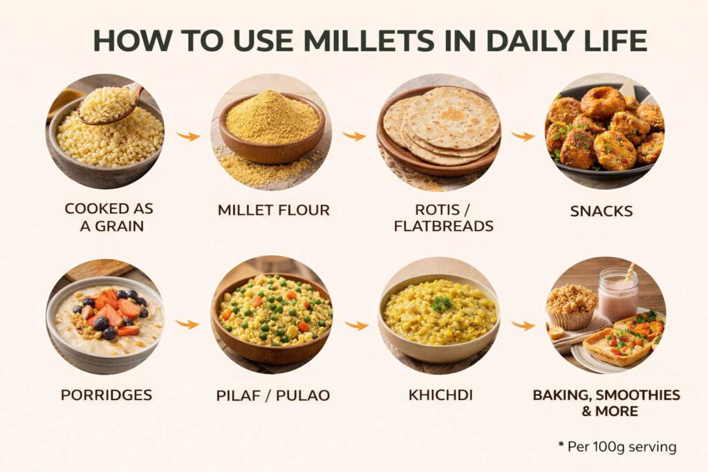 different ways to cook millets including roti khichdi porridge