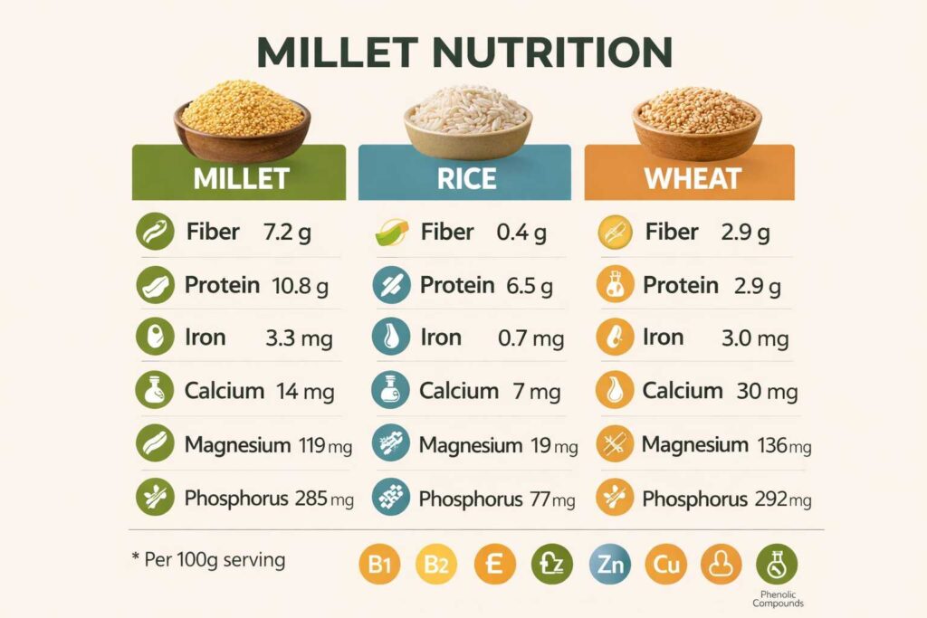 millet nutrition comparison chart with rice and wheat fiber protein