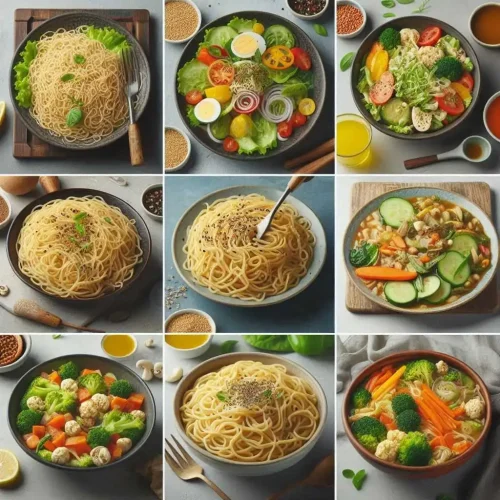 Collage of various millet noodle dishes, including stir-fry, salad, soup, and baked casserole.